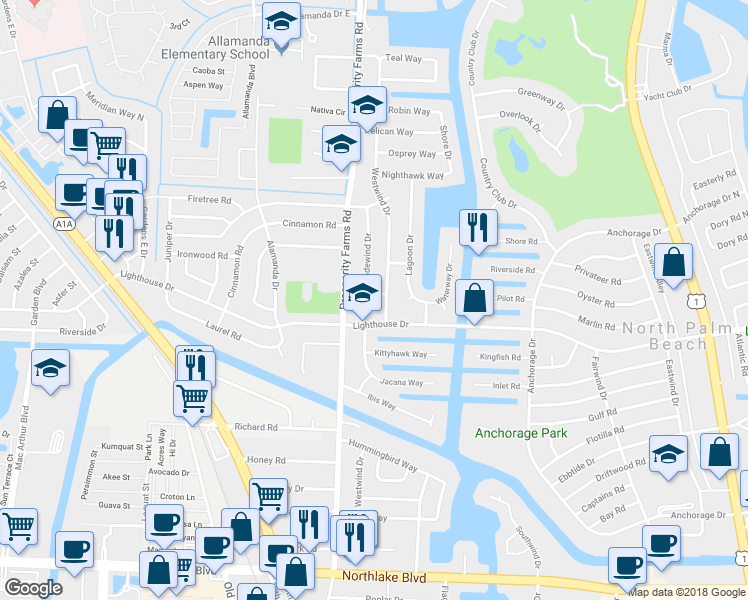 map of restaurants, bars, coffee shops, grocery stores, and more near 705 Tradewind Drive in North Palm Beach