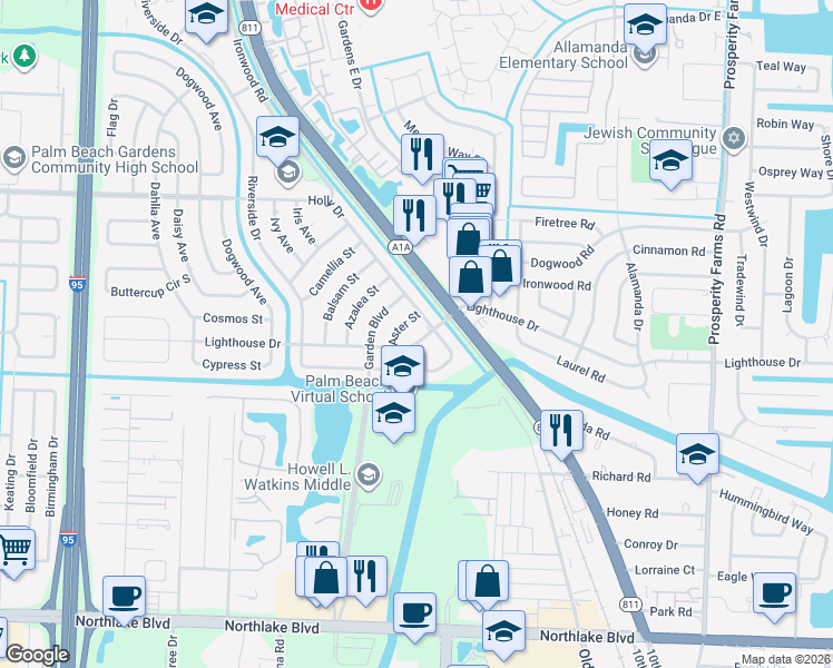 map of restaurants, bars, coffee shops, grocery stores, and more near 411 Lighthouse Drive in Palm Beach Gardens