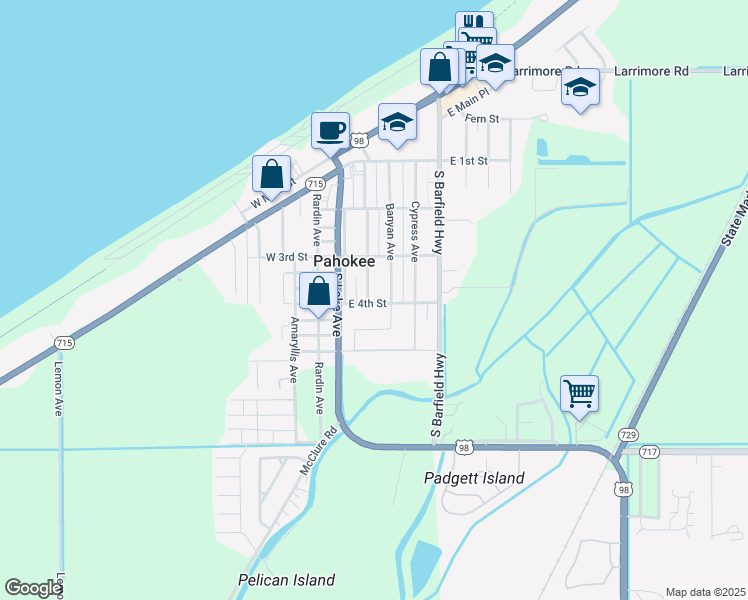 map of restaurants, bars, coffee shops, grocery stores, and more near 233 E 4th St in Pahokee