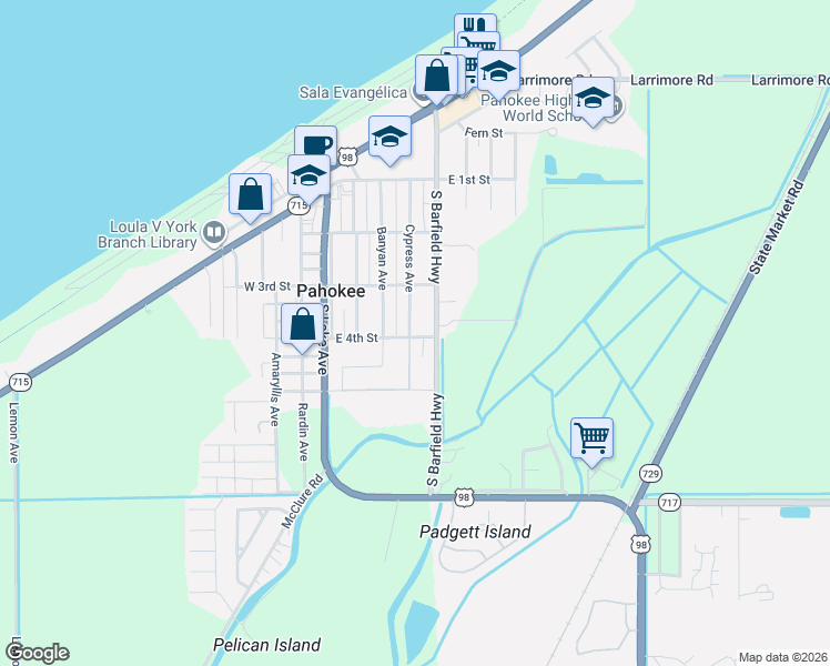 map of restaurants, bars, coffee shops, grocery stores, and more near 398 Cypress Avenue in Pahokee
