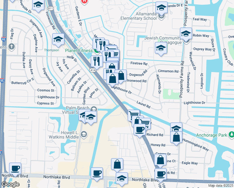 map of restaurants, bars, coffee shops, grocery stores, and more near 9600 Florida A1A Alternate in Palm Beach Gardens