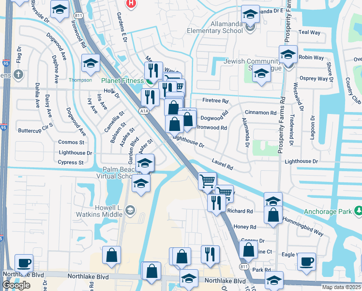 map of restaurants, bars, coffee shops, grocery stores, and more near 9600 Florida A1A Alternate in Palm Beach Gardens