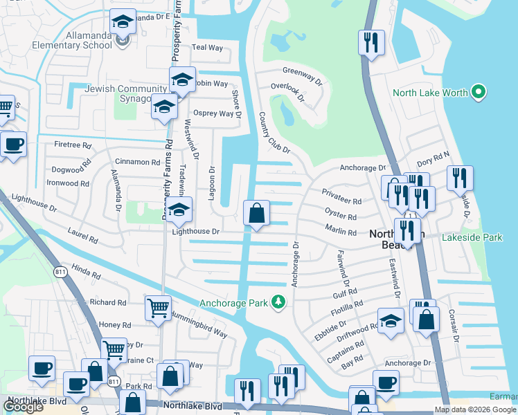 map of restaurants, bars, coffee shops, grocery stores, and more near 630 Pilot Road in North Palm Beach