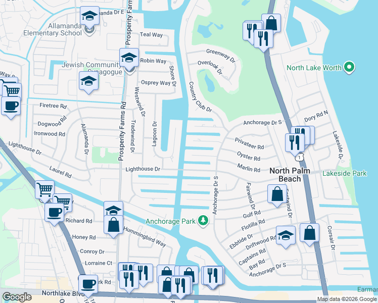 map of restaurants, bars, coffee shops, grocery stores, and more near 630 Pilot Road in North Palm Beach