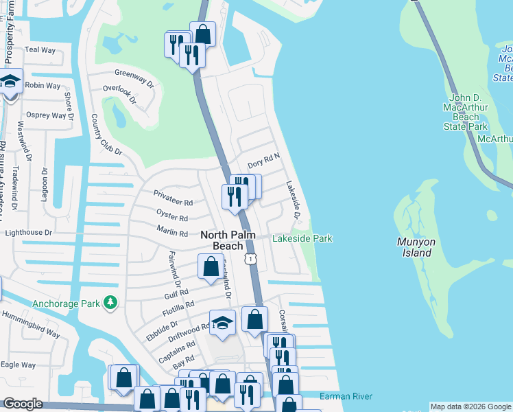 map of restaurants, bars, coffee shops, grocery stores, and more near 713 U.S. 1 in North Palm Beach
