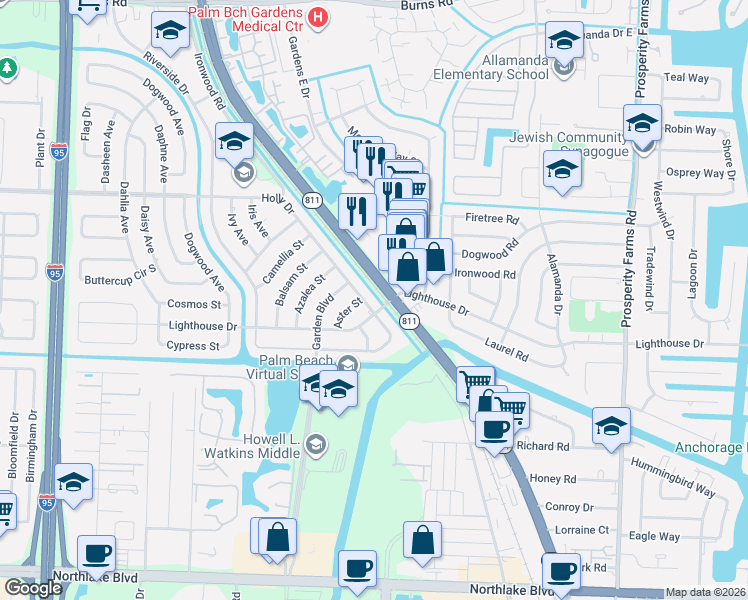 map of restaurants, bars, coffee shops, grocery stores, and more near in Palm Beach Gardens