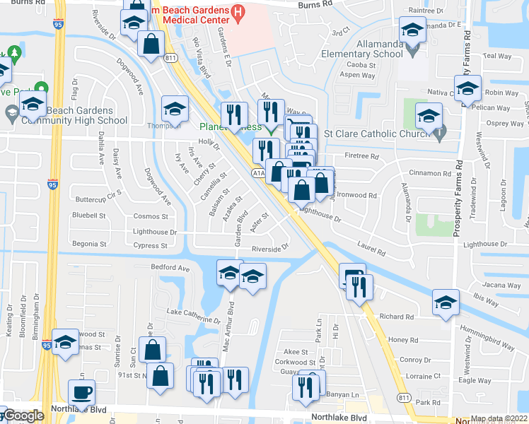 map of restaurants, bars, coffee shops, grocery stores, and more near 617 Holly Drive in Palm Beach Gardens
