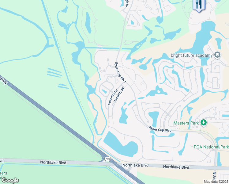 map of restaurants, bars, coffee shops, grocery stores, and more near 154 Coventry Lane in Palm Beach Gardens