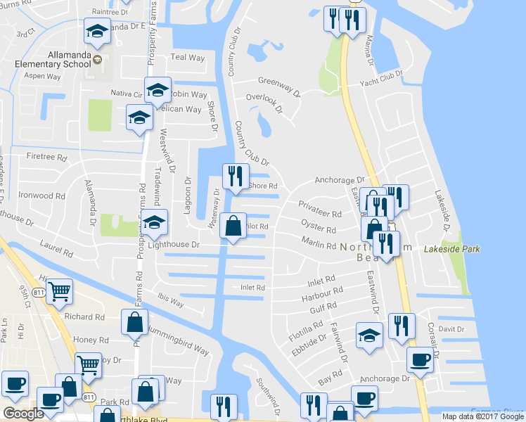 map of restaurants, bars, coffee shops, grocery stores, and more near 618 Riverside Road in North Palm Beach