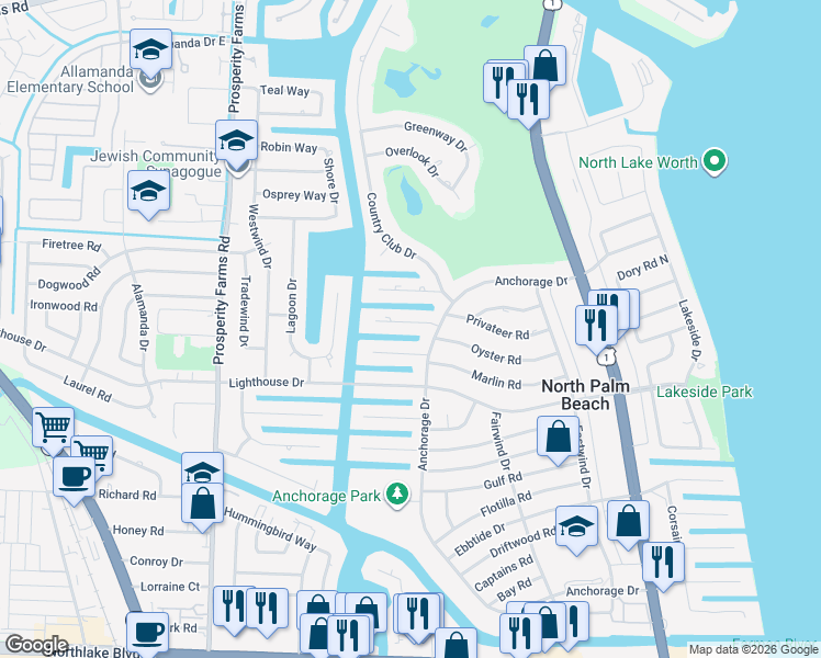 map of restaurants, bars, coffee shops, grocery stores, and more near 618 Riverside Road in North Palm Beach