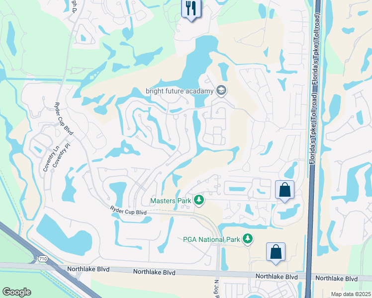 map of restaurants, bars, coffee shops, grocery stores, and more near 604 Masters Way in Palm Beach Gardens