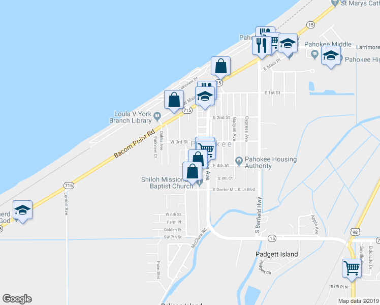 map of restaurants, bars, coffee shops, grocery stores, and more near 268 West 3rd Street in Pahokee