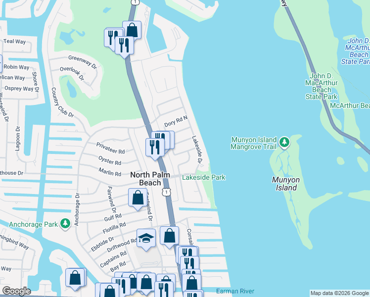 map of restaurants, bars, coffee shops, grocery stores, and more near 125 Cruiser Road North in North Palm Beach