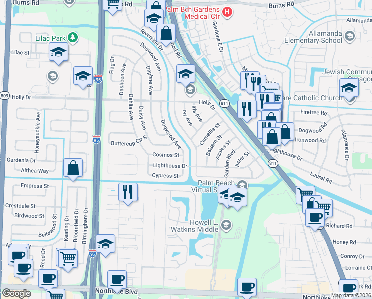 map of restaurants, bars, coffee shops, grocery stores, and more near 600 Riverside Drive in Palm Beach Gardens