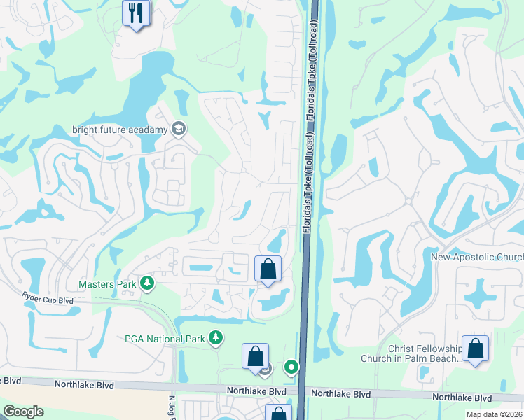 map of restaurants, bars, coffee shops, grocery stores, and more near 55 Windsor Lane in Palm Beach Gardens