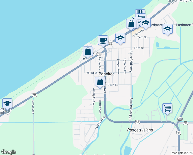 map of restaurants, bars, coffee shops, grocery stores, and more near 268 West 3rd Street in Pahokee