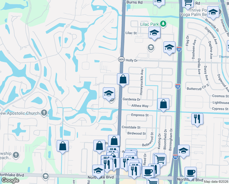 map of restaurants, bars, coffee shops, grocery stores, and more near 165 Gardenia Isles Drive in Palm Beach Gardens