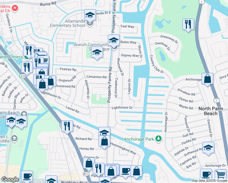 map of restaurants, bars, coffee shops, grocery stores, and more near 740 Prosperity Farms Road in North Palm Beach