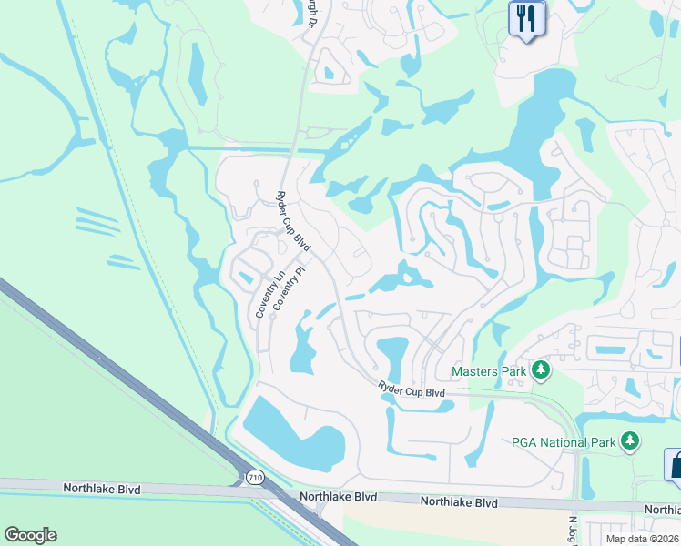 map of restaurants, bars, coffee shops, grocery stores, and more near 579 Prestwick Circle in Palm Beach Gardens