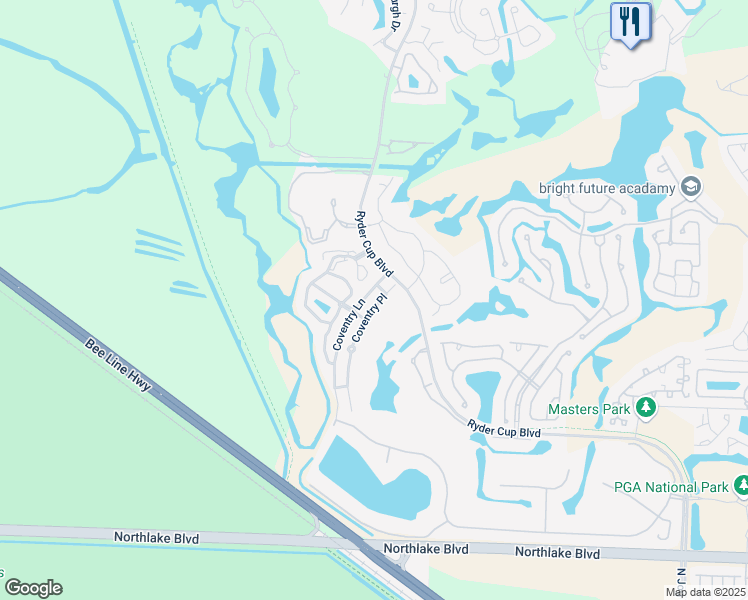 map of restaurants, bars, coffee shops, grocery stores, and more near 154 Coventry Lane in Palm Beach Gardens
