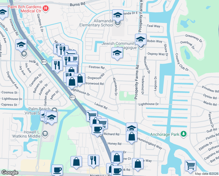 map of restaurants, bars, coffee shops, grocery stores, and more near 748 Buttonwood Road in North Palm Beach