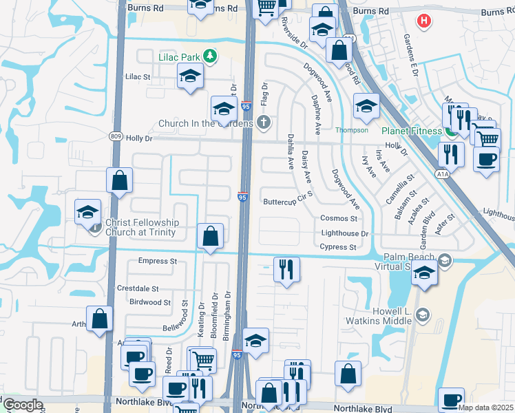 map of restaurants, bars, coffee shops, grocery stores, and more near 9775 Buttercup Circle North in Palm Beach Gardens