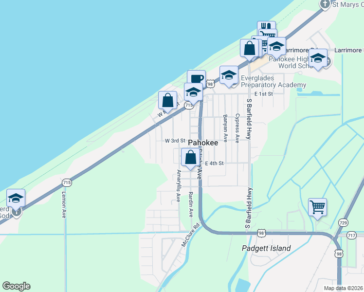 map of restaurants, bars, coffee shops, grocery stores, and more near 268 West 3rd Street in Pahokee