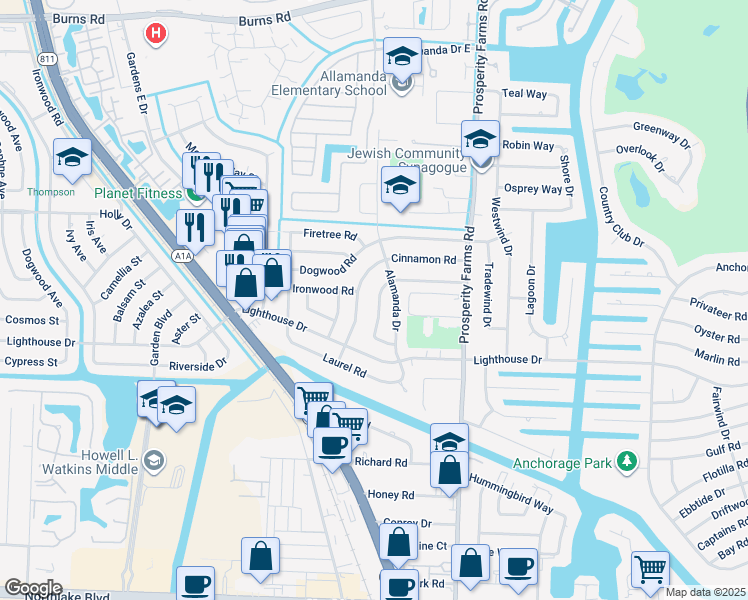 map of restaurants, bars, coffee shops, grocery stores, and more near 748 Buttonwood Road in North Palm Beach