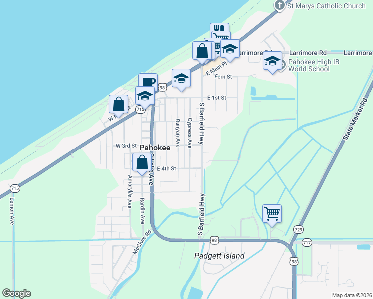 map of restaurants, bars, coffee shops, grocery stores, and more near 319 Cypress Avenue in Pahokee