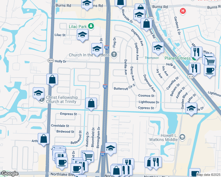 map of restaurants, bars, coffee shops, grocery stores, and more near 9775 Buttercup Circle North in Palm Beach Gardens