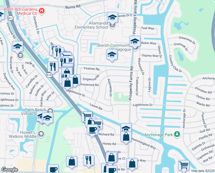 map of restaurants, bars, coffee shops, grocery stores, and more near 729 Buttonwood Road in North Palm Beach