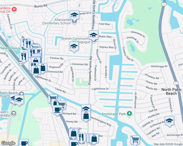 map of restaurants, bars, coffee shops, grocery stores, and more near 740 Prosperity Farms Road in North Palm Beach