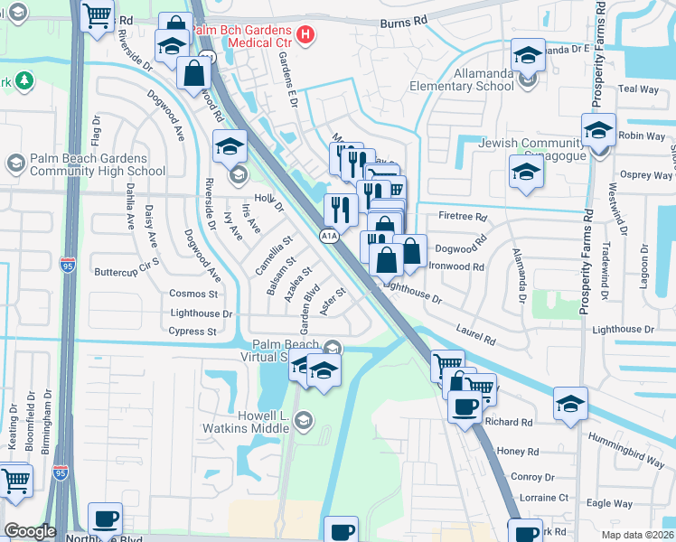 map of restaurants, bars, coffee shops, grocery stores, and more near 600 Holly Drive in Palm Beach Gardens