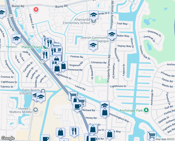 map of restaurants, bars, coffee shops, grocery stores, and more near 748 Buttonwood Road in North Palm Beach
