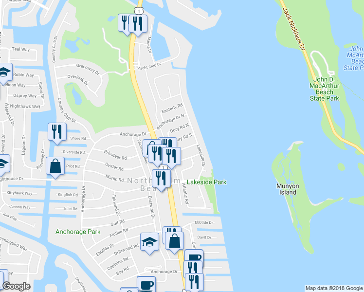 map of restaurants, bars, coffee shops, grocery stores, and more near 125 Cruiser Rd N in North Palm Beach