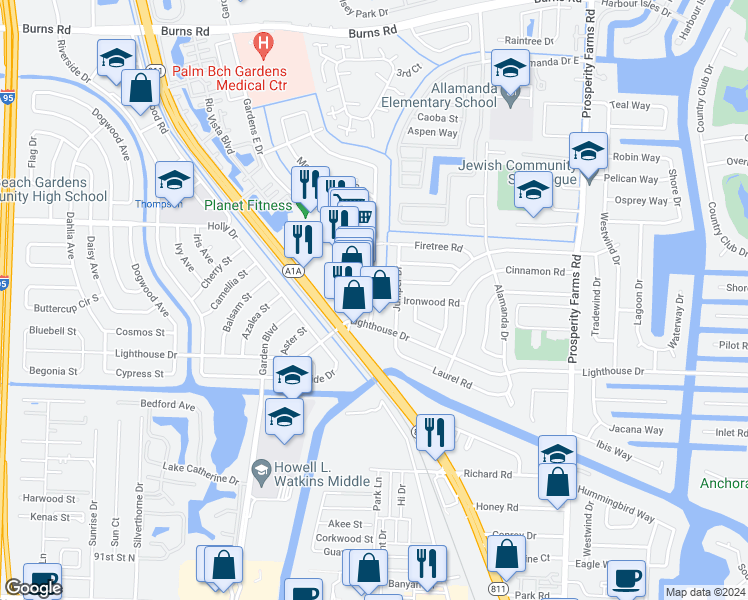map of restaurants, bars, coffee shops, grocery stores, and more near 9820 Gardens East Drive in Palm Beach Gardens