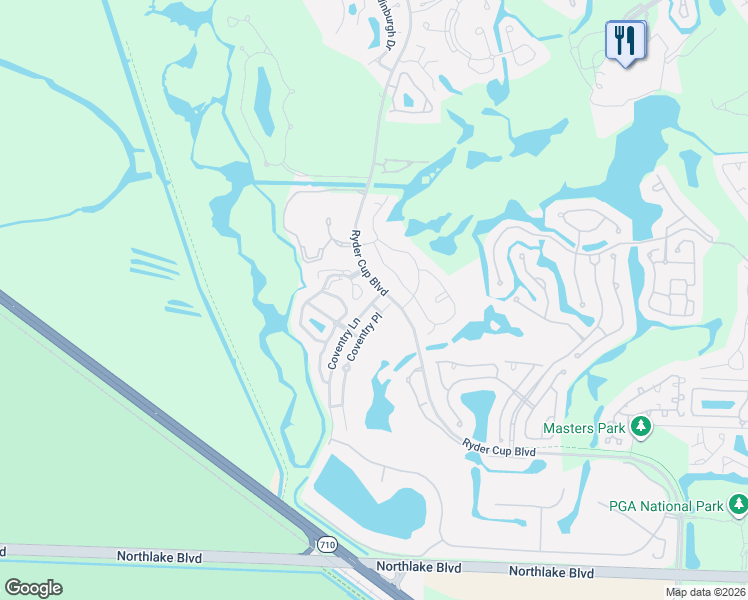 map of restaurants, bars, coffee shops, grocery stores, and more near 154 Coventry Lane in Palm Beach Gardens
