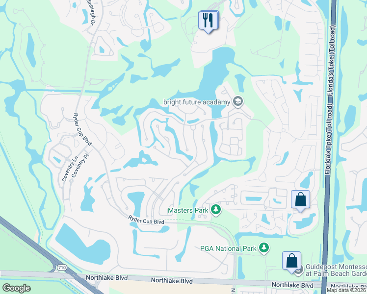 map of restaurants, bars, coffee shops, grocery stores, and more near 714 Pinehurst Way in Palm Beach Gardens