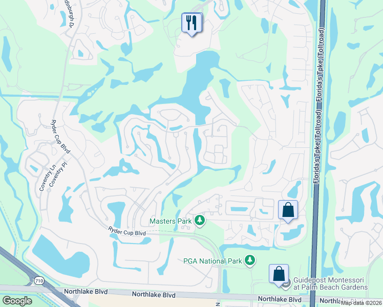map of restaurants, bars, coffee shops, grocery stores, and more near 629 Masters Way in Palm Beach Gardens