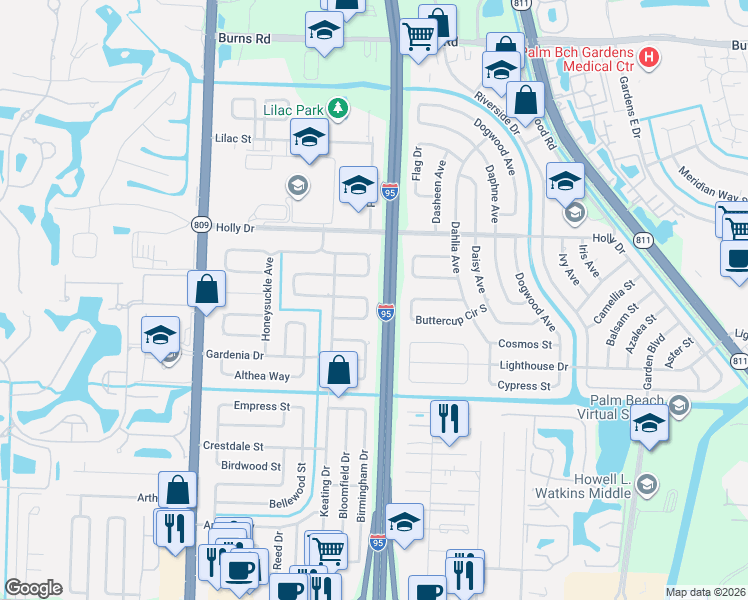map of restaurants, bars, coffee shops, grocery stores, and more near 9820 Jonquil Circle North in Palm Beach Gardens