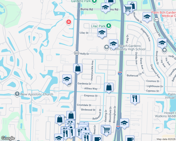 map of restaurants, bars, coffee shops, grocery stores, and more near 4416 Fuschia Circle West in Palm Beach Gardens