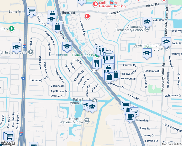 map of restaurants, bars, coffee shops, grocery stores, and more near 546 Holly Drive in Palm Beach Gardens