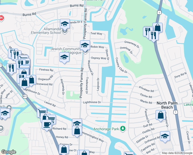 map of restaurants, bars, coffee shops, grocery stores, and more near 761 Westwind Drive in North Palm Beach