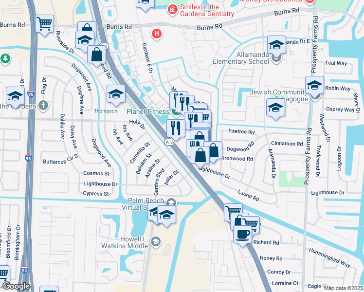 map of restaurants, bars, coffee shops, grocery stores, and more near 9880 Florida A1A Alternate in Palm Beach Gardens