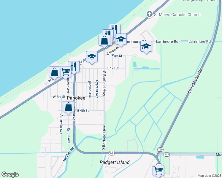map of restaurants, bars, coffee shops, grocery stores, and more near 239 South Barfield Highway in Pahokee