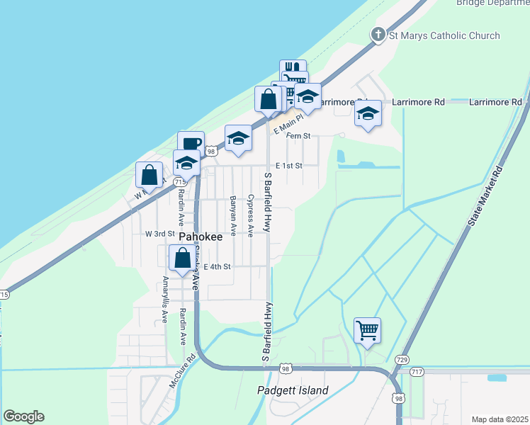 map of restaurants, bars, coffee shops, grocery stores, and more near 239 South Barfield Highway in Pahokee