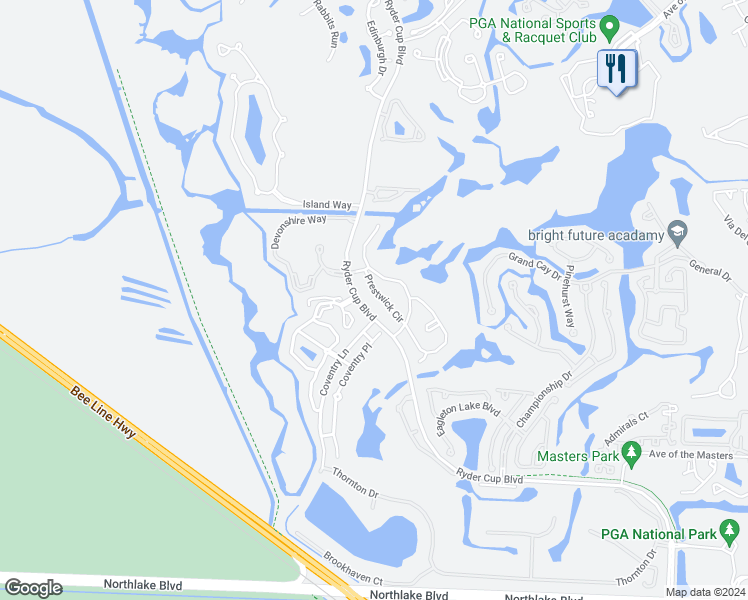 map of restaurants, bars, coffee shops, grocery stores, and more near 357 Prestwick Circle in Palm Beach Gardens