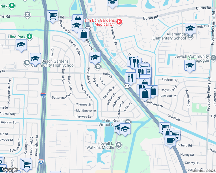 map of restaurants, bars, coffee shops, grocery stores, and more near 284 Cherry Street in Palm Beach Gardens