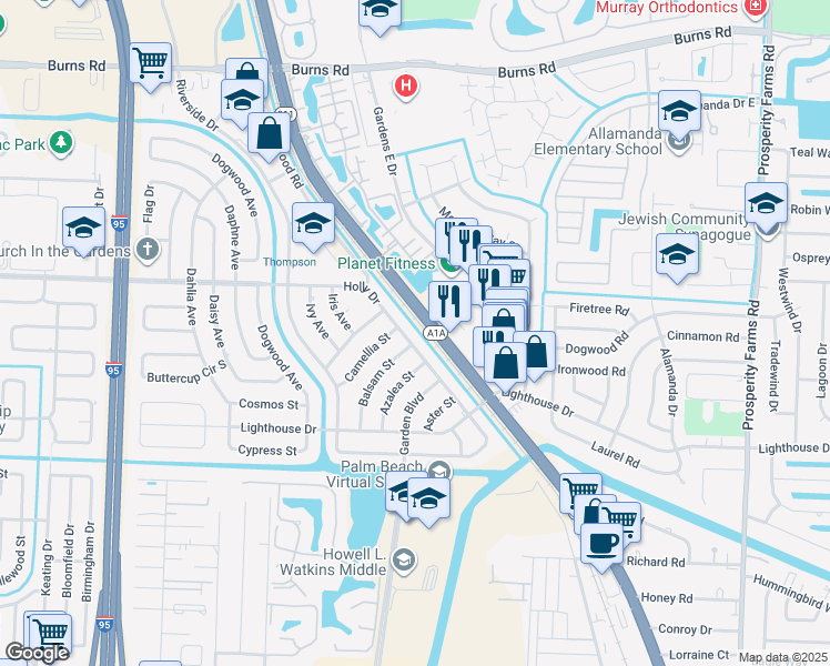 map of restaurants, bars, coffee shops, grocery stores, and more near 546 Holly Drive in Palm Beach Gardens