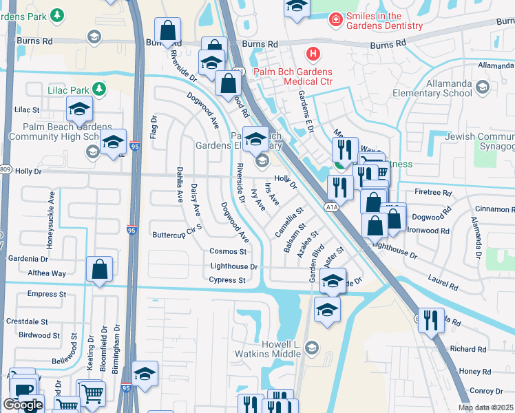 map of restaurants, bars, coffee shops, grocery stores, and more near 543 Ivy Avenue in Palm Beach Gardens